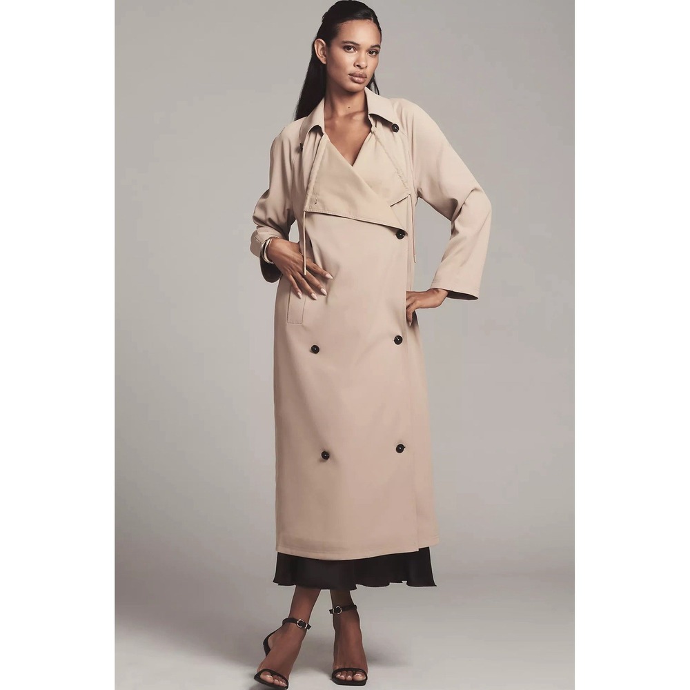 Avec Les Filles Draped Double-Breasted Trench Coat Tan Beige Size L